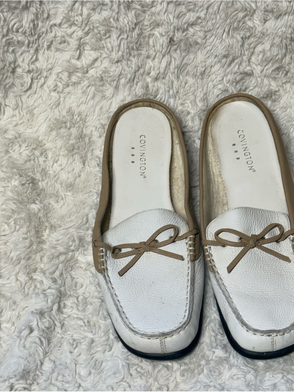 Covington White Leather Mule Loafers Tan Bow Slip On Shoes 7M